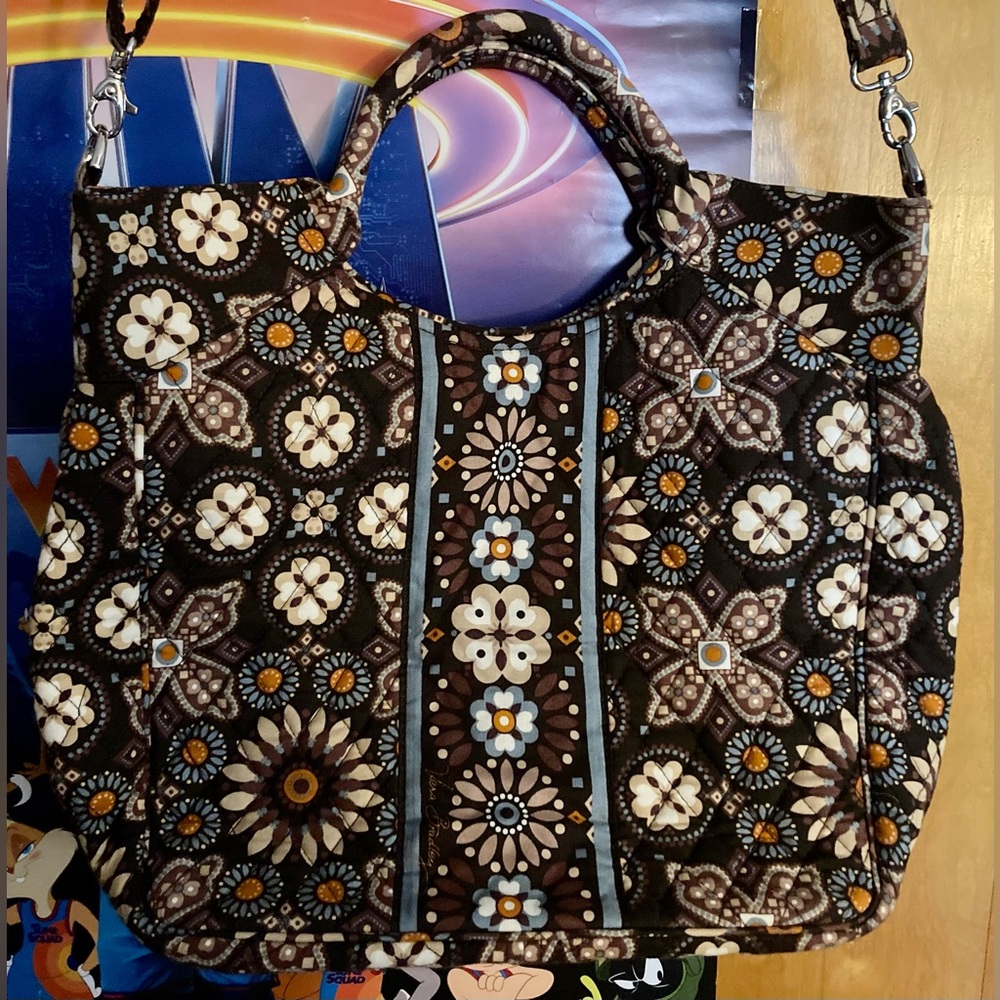 Vera Bradley Brown and Beige Crossbody Shoulder Bag Light Blue Interior
